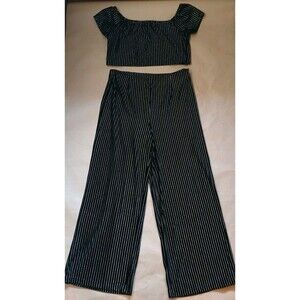 Forever 21 Two Piece Set Crop Top Wide Leg Pants 1X/2X Black Velvet Gold Stripe